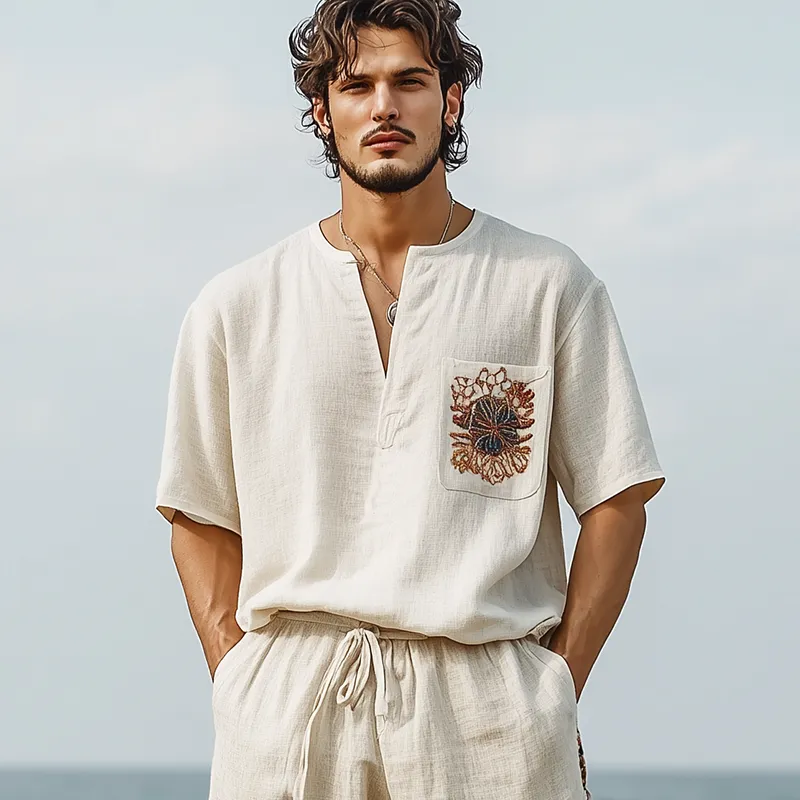 Men's Spring and Summer Casual V-neck Cotton and Linen Embroidered Short-sleeved T-shirt MTA2017C1K sold by Manly product image thumbnail 3