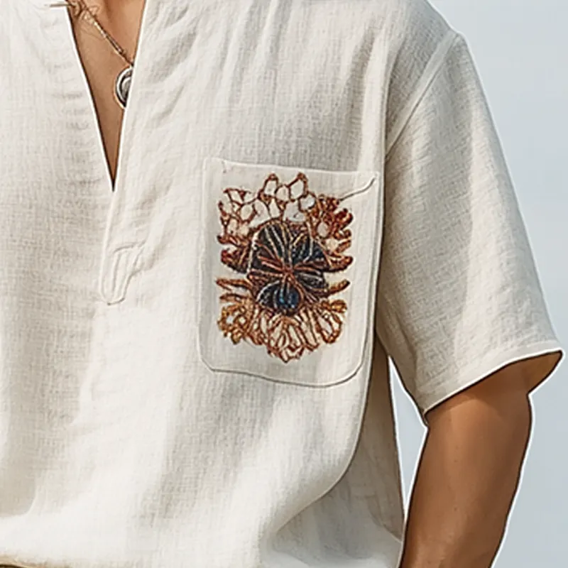 Men's Spring and Summer Casual V-neck Cotton and Linen Embroidered Short-sleeved T-shirt MTA2017C1K sold by Manly product image thumbnail 4