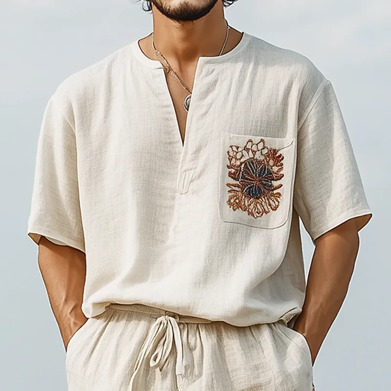 Men's Spring and Summer Casual V-neck Cotton and Linen Embroidered Short-sleeved T-shirt MTA2017C1K sold by Manly product image thumbnail 2