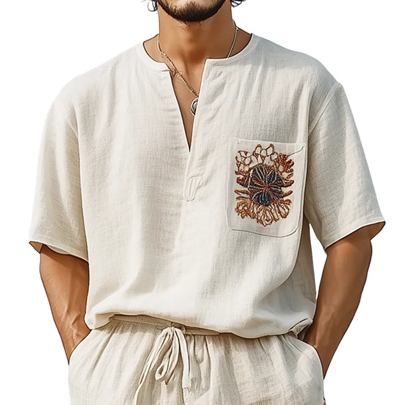 Men's Spring and Summer Casual V-neck Cotton and Linen Embroidered Short-sleeved T-shirt MTA2017C1K sold by Manly