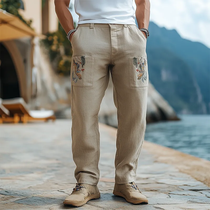Men's Spring and Summer Retro Personalized Cotton and Linen Embroidered Casual Pants MTA2010C2K sold by Manly product image thumbnail 2