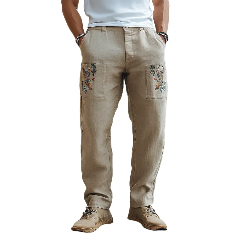 Men's Spring and Summer Retro Personalized Cotton and Linen Embroidered Casual Pants MTA2010C2K sold by Manly