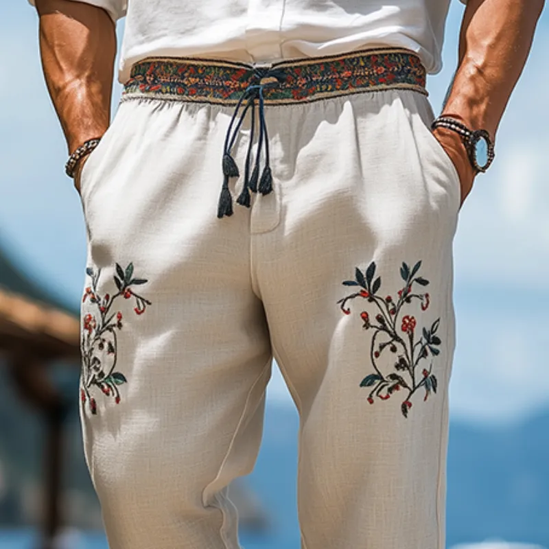 Men's Spring and Summer Vacation Style Loose Cotton and Linen Embroidered Casual Pants MTA2018C8K sold by Manly product image thumbnail 3