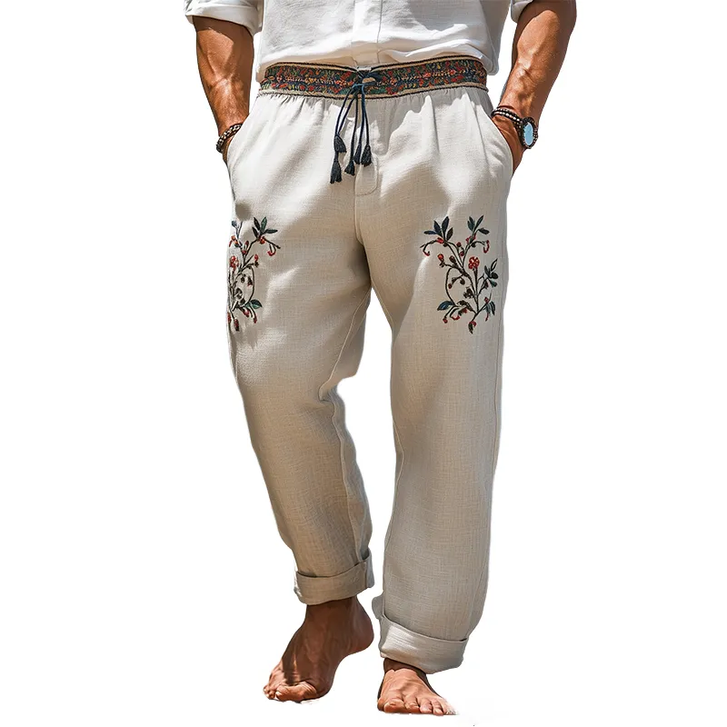 Men's Spring and Summer Vacation Style Loose Cotton and Linen Embroidered Casual Pants MTA2018C8K sold by Manly