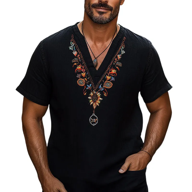 Men's Casual V-neck Cotton and Linen Embroidered T-shirt MTA2002C8U sold by Manly