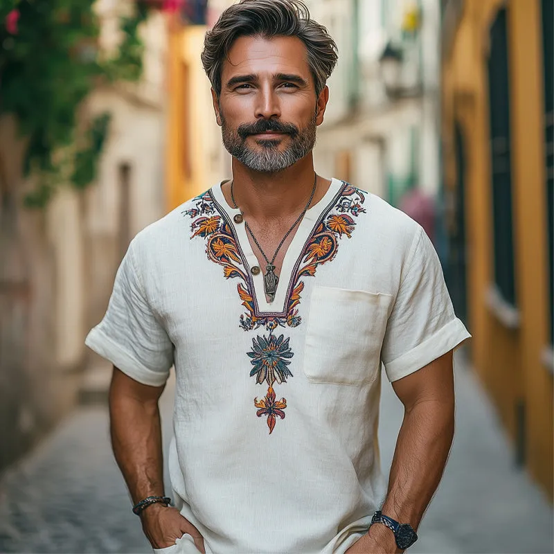 Men's Casual V-neck Cotton and Linen Embroidered T-shirt MTA2093C0U sold by Manly product image thumbnail 3