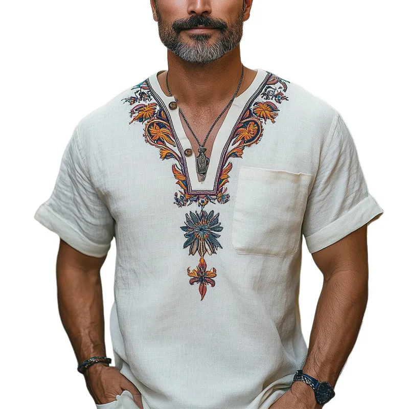 Men's Casual V-neck Cotton and Linen Embroidered T-shirt MTA2093C0U sold by Manly