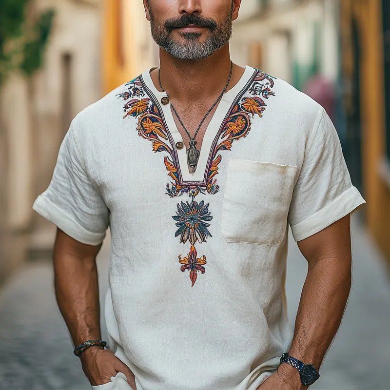 Men's Casual V-neck Cotton and Linen Embroidered T-shirt MTA2093C0U sold by Manly product image thumbnail 2