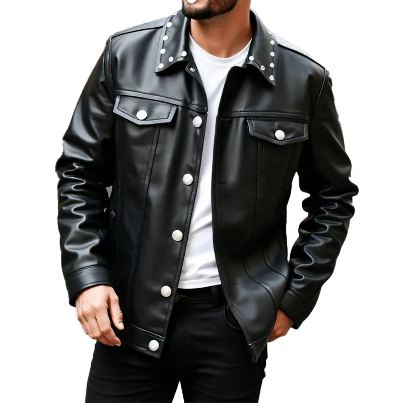 Men's Spring and Autumn Pure Black Lapel PU Leather Jacket MTA2049C6U sold by Manly product image thumbnail 3