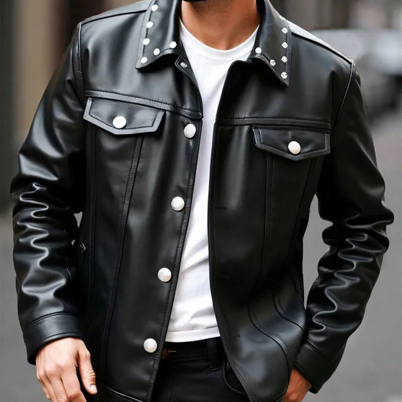 Men's Spring and Autumn Pure Black Lapel PU Leather Jacket MTA2049C6U sold by Manly product image thumbnail 2