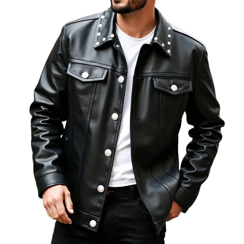 Men's Spring and Autumn Pure Black Lapel PU Leather Jacket MTA2049C6U sold by Manly
