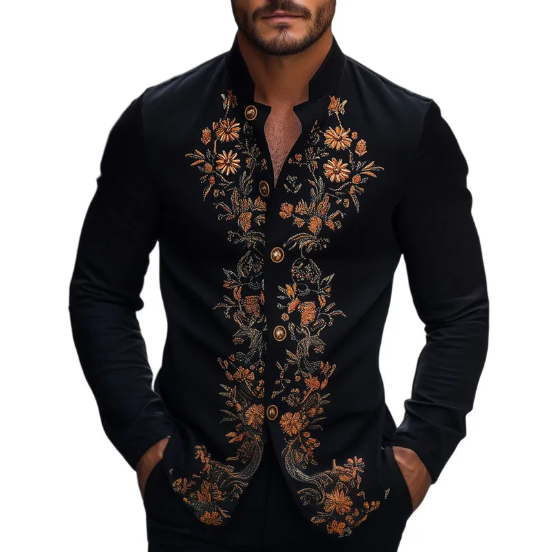 Men's Spring and Autumn Retro Embroidered Stand Collar Long Sleeve Shirt MTA2075C7U sold by Manly