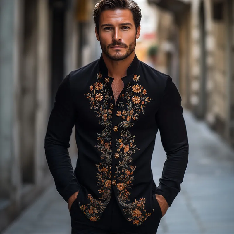 Men's Spring and Autumn Retro Embroidered Stand Collar Long Sleeve Shirt MTA2075C7U sold by Manly product image thumbnail 3