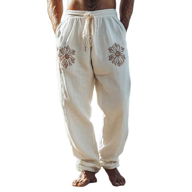 Men's Spring and Summer Fashionable Loose Cotton and Linen Embroidered Casual Pants MTA2087C1K sold by Manly