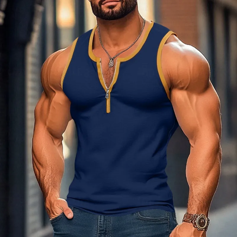 Men's Casual Color Block Cotton Patchwork Zipper Collar Slim Fit Tank Top MTA1817C7M sold by Manly product image thumbnail 4