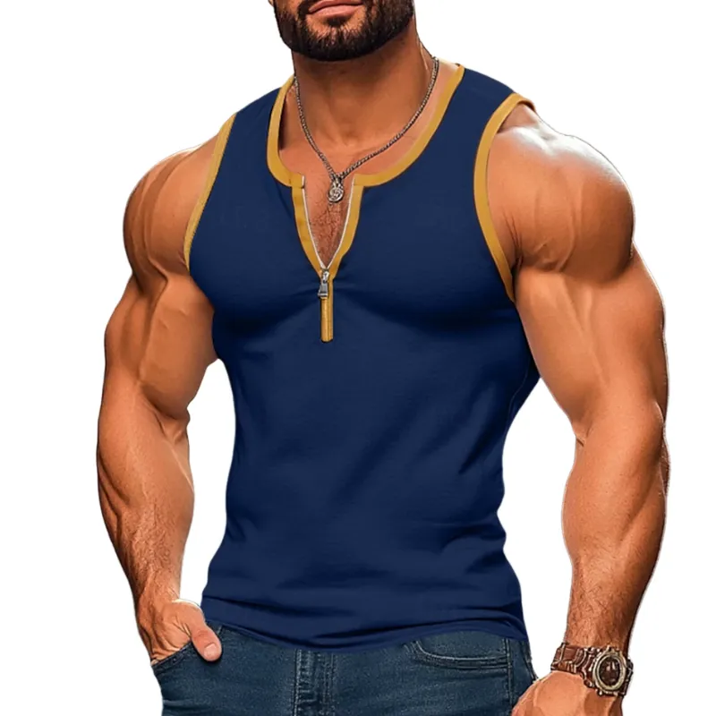 Men's Casual Color Block Cotton Patchwork Zipper Collar Slim Fit Tank Top MTA1817C7M sold by Manly product image thumbnail 3