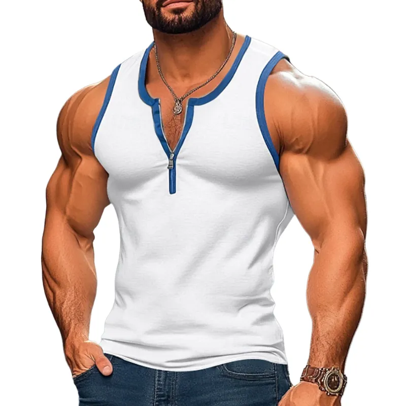 Men's Casual Color Block Cotton Patchwork Zipper Collar Slim Fit Tank Top MTA1817C7M sold by Manly