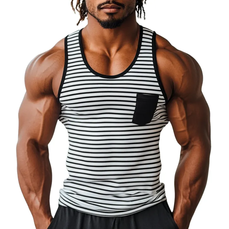 Men's Casual Striped Stitching U-Neck Patch Pocket Slim Fit Tank Top MTA1882C2M sold by Manly