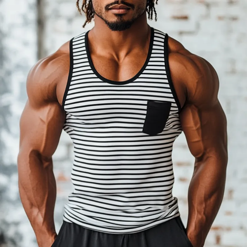 Men's Casual Striped Stitching U-Neck Patch Pocket Slim Fit Tank Top MTA1882C2M sold by Manly product image thumbnail 2