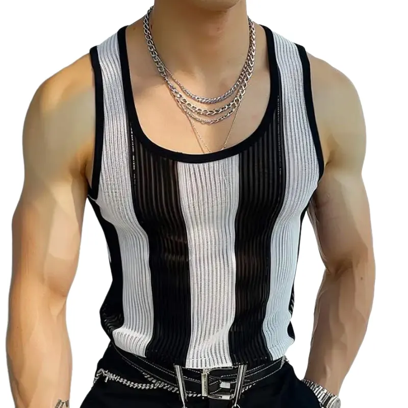 Men's Casual Contrast Striped U-Neck Slim Fit Knit Tank Top MTA1819C8M sold by Manly