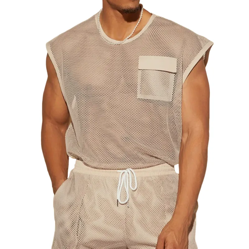 Men's Casual Mesh Spliced Chest Pocket Loose Round Neck Tank Top MTA1861C8M sold by Manly