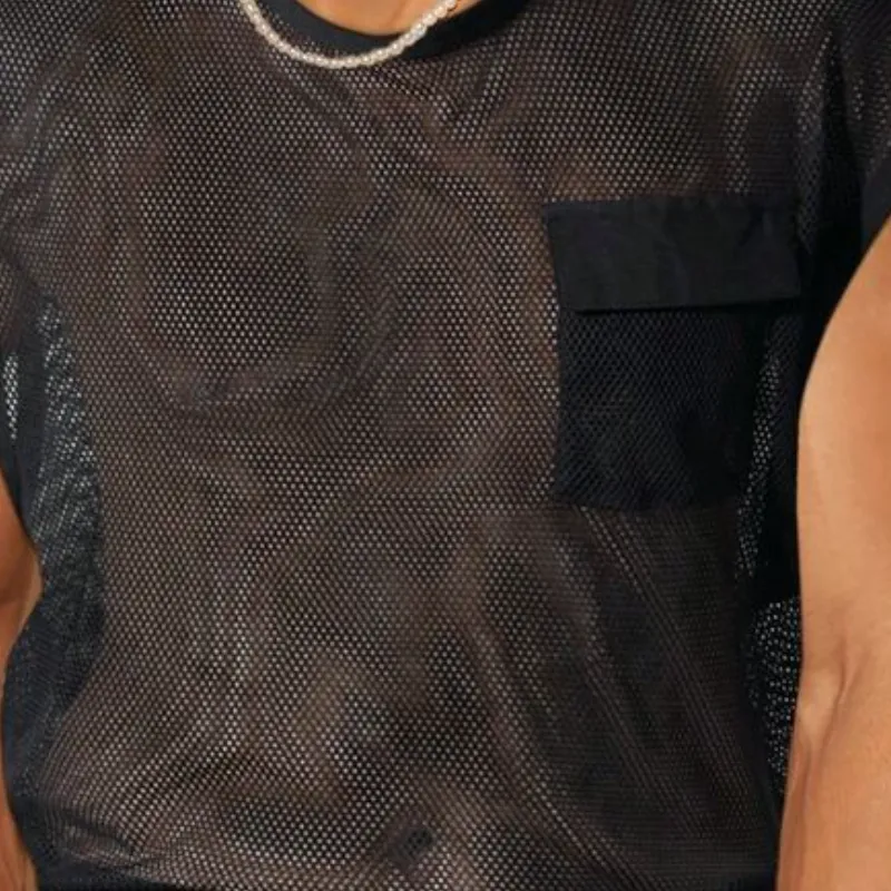 Men's Casual Mesh Spliced Chest Pocket Loose Round Neck Tank Top MTA1861C8M sold by Manly product image thumbnail 4