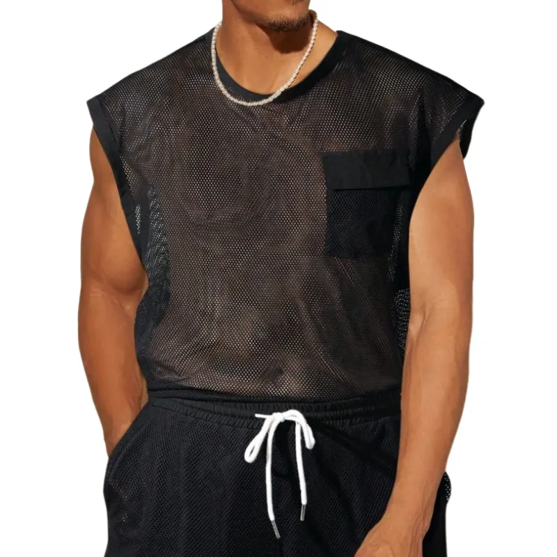 Men's Casual Mesh Spliced Chest Pocket Loose Round Neck Tank Top MTA1861C8M sold by Manly product image thumbnail 3