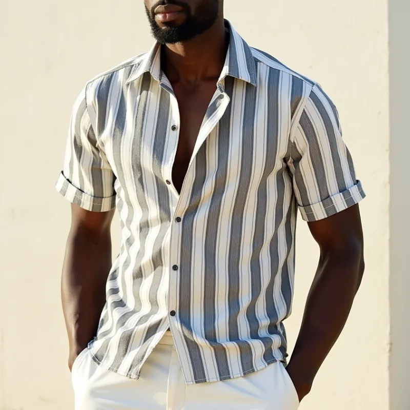 Men's Casual Cotton Blend Striped Lapel Loose Short Sleeve Shirt MTA1878C0M sold by Manly product image thumbnail 2