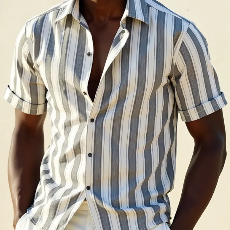 Men's Casual Cotton Blend Striped Lapel Loose Short Sleeve Shirt MTA1878C0M sold by Manly product image thumbnail 3