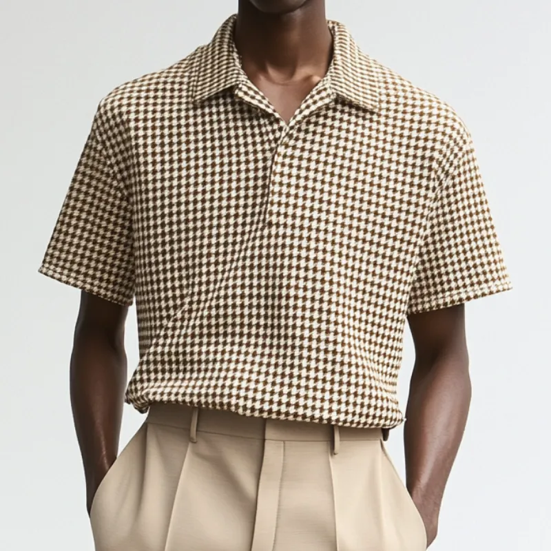 Men's Casual Houndstooth Lapel Loose Short Sleeve Polo Shirt MTA1867C0M sold by Manly product image thumbnail 2