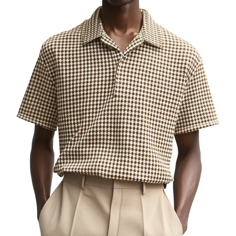 Men's Casual Houndstooth Lapel Loose Short Sleeve Polo Shirt MTA1867C0M sold by Manly