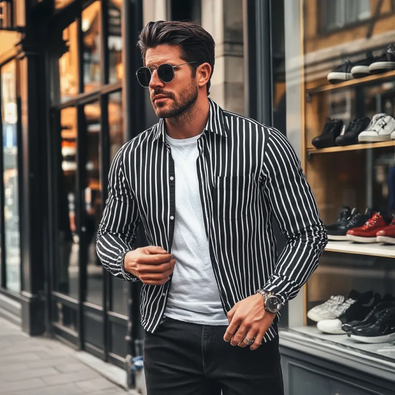 Men's Casual Striped Lapel Loose Long Sleeve Shirt MTA1852C7M sold by Manly product image thumbnail 3
