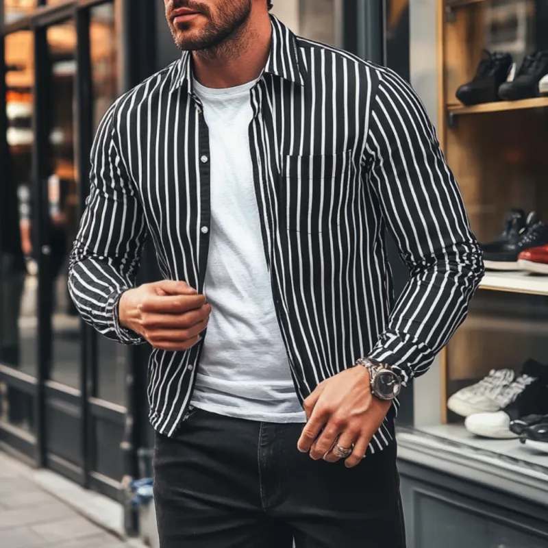 Men's Casual Striped Lapel Loose Long Sleeve Shirt MTA1852C7M sold by Manly product image thumbnail 2