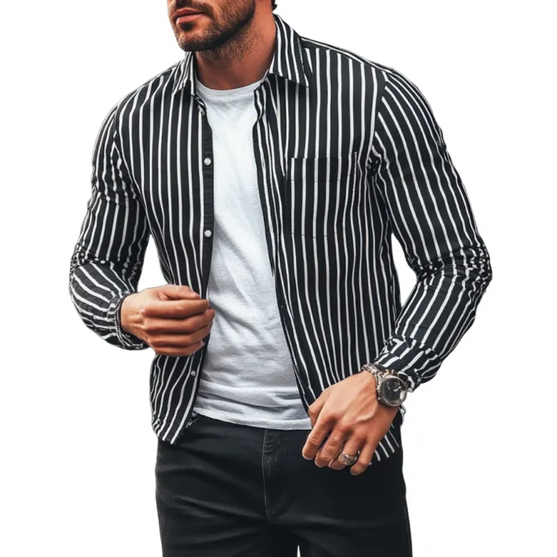 Men's Casual Striped Lapel Loose Long Sleeve Shirt MTA1852C7M sold by Manly
