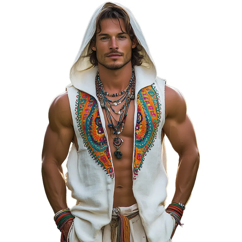 Men's Ethnic Style Embroidered Hooded Tank Top MTA1918C2P sold by Manly