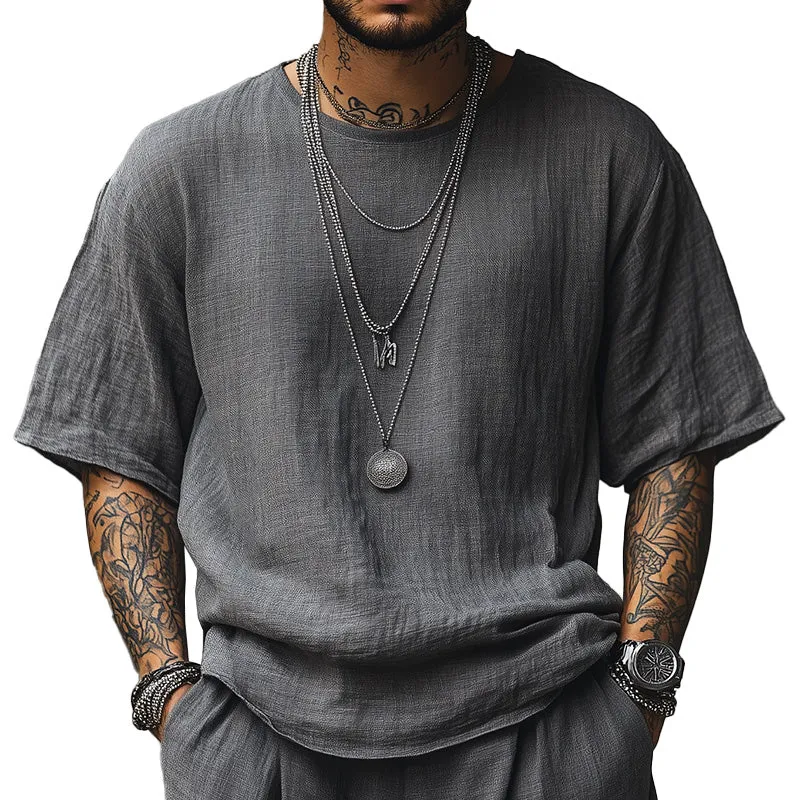 Men's Solid Color Linen Breathable Short-Sleeved T-Shirt MTA1916C3P sold by Manly