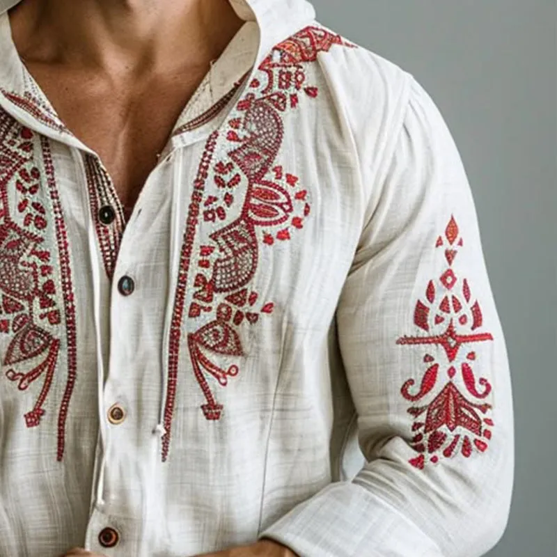 Men's Vintage Embroidered Long Sleeve Hooded Shirt MTA1945C2P sold by Manly product image thumbnail 4