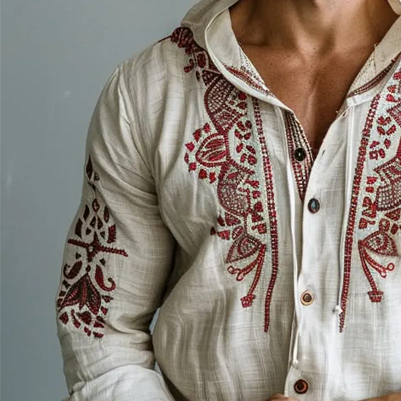 Men's Vintage Embroidered Long Sleeve Hooded Shirt MTA1945C2P sold by Manly product image thumbnail 3