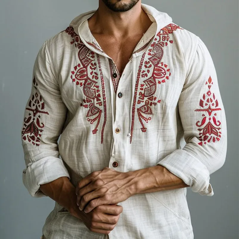 Men's Vintage Embroidered Long Sleeve Hooded Shirt MTA1945C2P sold by Manly product image thumbnail 2