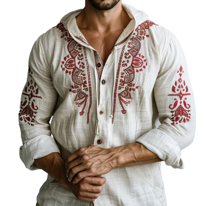 Men's Vintage Embroidered Long Sleeve Hooded Shirt MTA1945C2P sold by Manly