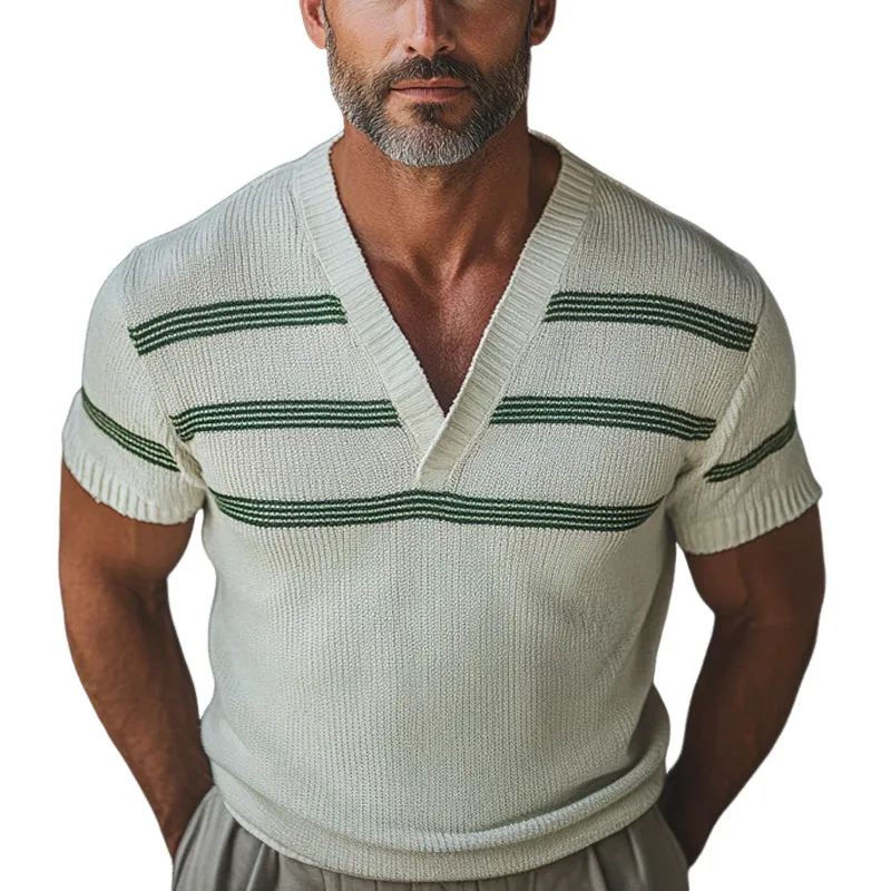 Men's Retro V-neck Knitted Short Sleeve T-shirt MTA1988C1U sold by Manly