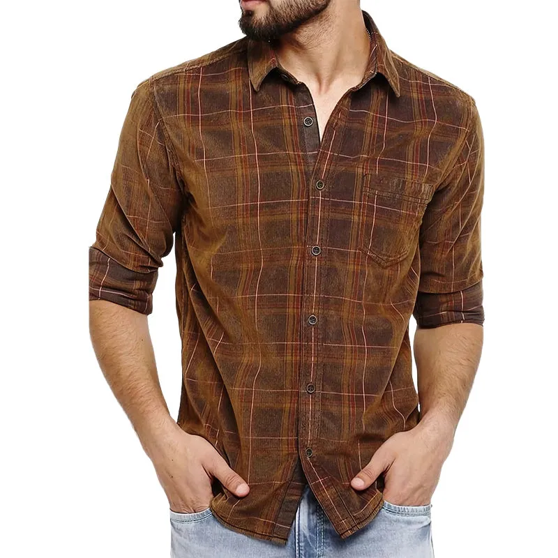 Men's Spring and Autumn Brown Plaid Casual Long Sleeve Shirt MTA1966C8U sold by Manly