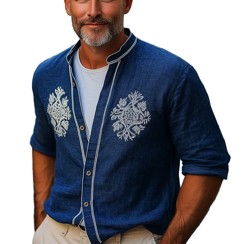 Men's Casual Navy Blue Cotton And Linen Vintage Embroidered Long-Sleeved Shirt MTA2124C5U sold by Manly