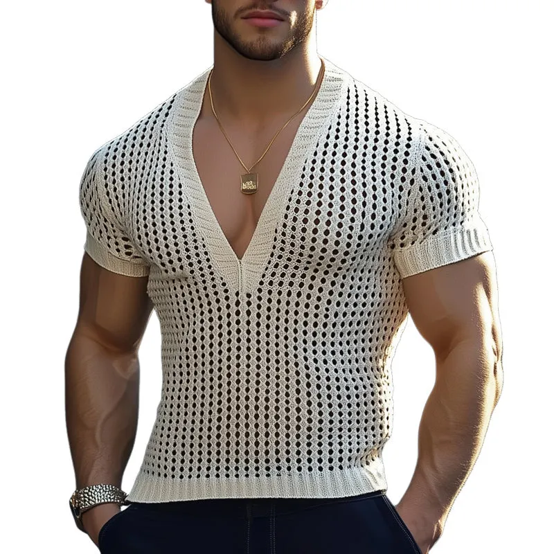 Men's Summer V-neck Hollow Slim Fit Knit T-shirt MTA2118C3U sold by Manly