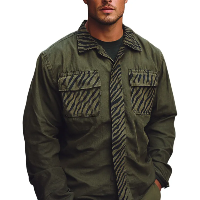 Men's Spring and Autumn Army Green Splicing Printed Long Sleeve Shirt MTA2185C7U sold by Manly