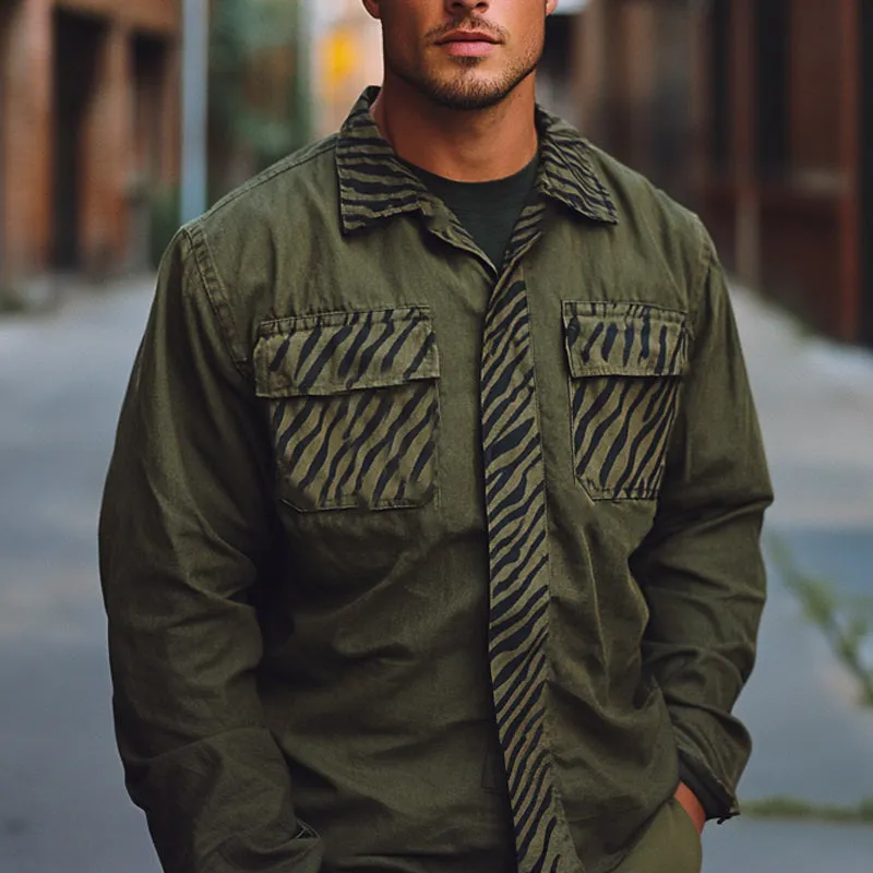 Men's Spring and Autumn Army Green Splicing Printed Long Sleeve Shirt MTA2185C7U sold by Manly product image thumbnail 2