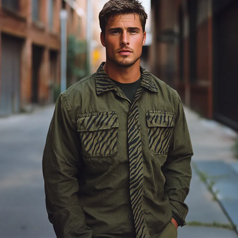 Men's Spring and Autumn Army Green Splicing Printed Long Sleeve Shirt MTA2185C7U sold by Manly product image thumbnail 3