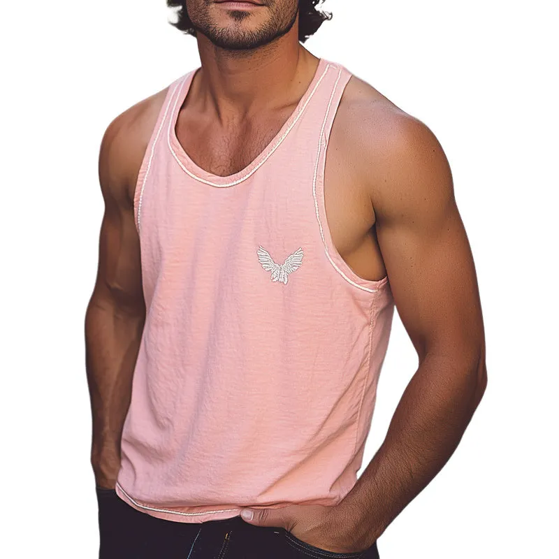 Men's Summer Casual Round Neck Pink Embroidered Tank Top MTA2121C3U sold by Manly