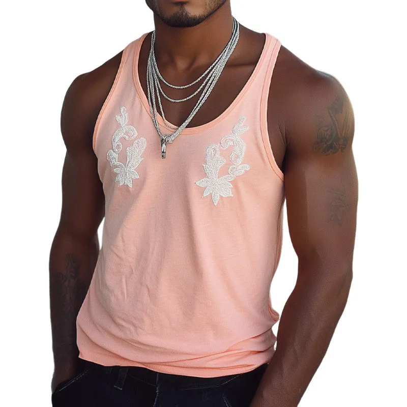 Men's Summer Casual Round Neck Pink Embroidered Tank Top MTA2167C7U sold by Manly