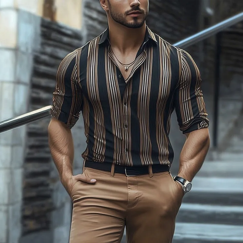 Men's Summer Retro Vertical Stripe Print Short Sleeve Shirt MTA2127C1U sold by Manly product image thumbnail 3